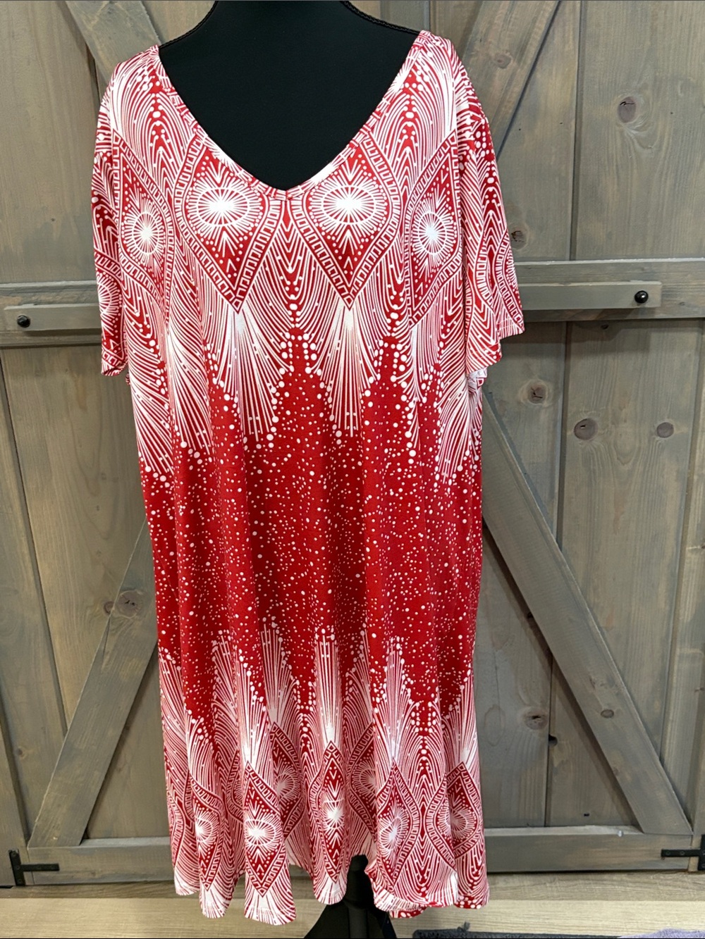 Red Patterned V-Neck Midi Dress